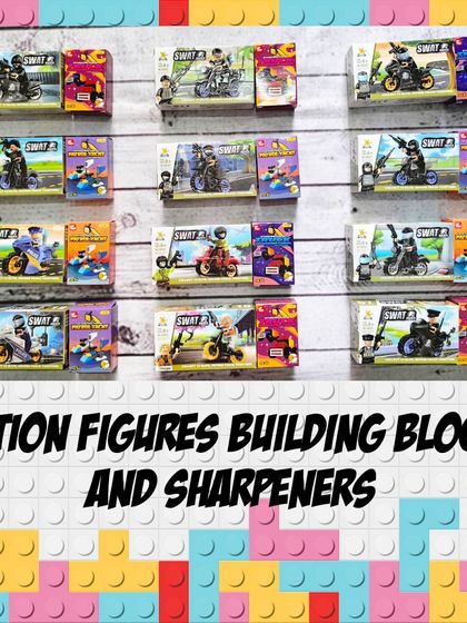 This set includes action figure building blocks and matching sharpeners, perfect for a party with a construction or action theme.
