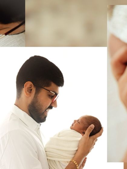 A creative collage that combines a portrait of a father holding his baby with close-up detail shots, telling a more complete story.