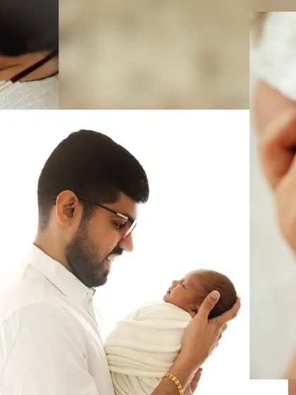 A creative collage that combines a portrait of a father holding his baby with close-up detail shots, telling a more complete story.
