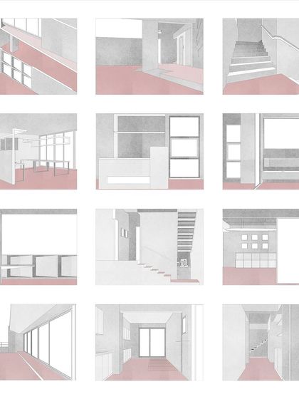 A collage of early-stage conceptual drawings for our own studio, 'Project 113'. These sketches explore different spatial configurations and moments within the building, illustrating our process of imagining a space before it is built.