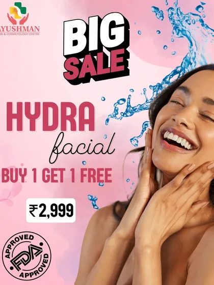 Get ready for glowing, hydrated skin with our most popular treatment. This image showcases our special "Buy 1 Get 1 Free" HydraFacial offer, an FDA-approved procedure that deeply cleanses, exfoliates, and infuses the skin with intensive serums for an unmatched glow.