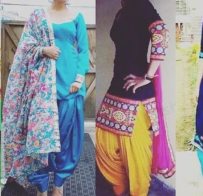 A variety of colorful Patiala suits, showing different kameez lengths and dupatta styles. We can help you create a complete look that reflects your personality.