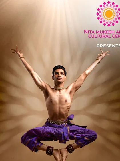 A dynamic leap captured for my performance of 'Raṅg - The Blue Color Lord' at the Nita Mukesh Ambani Cultural Centre. This pose embodies the power and grace of Kuchipudi that I strive to share in every solo recital.