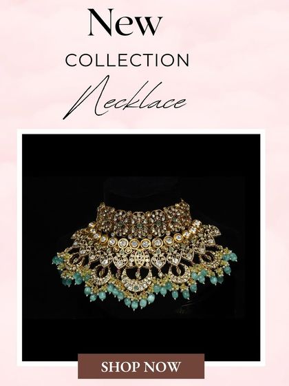 Introducing a new necklace in our rental collection, featuring a unique chandbali design with mint green beads.