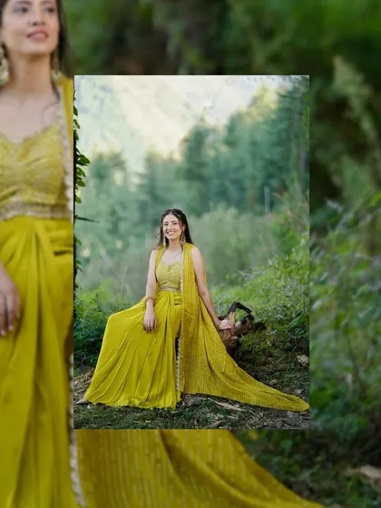An artistic portrait of a bride sitting in a lush green forest setting, her vibrant yellow Mehandi outfit creating a beautiful contrast.