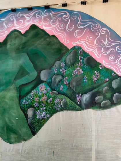 A work in progress shot of "Kurinji." This shows the initial layers of green and the pre-dawn sky, setting the magical mood for the piece.