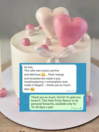 The client's feedback for the Fresh Strawberry Mango Vanilla anniversary cake, expressing how much they loved the minimalist look and delicious taste.
