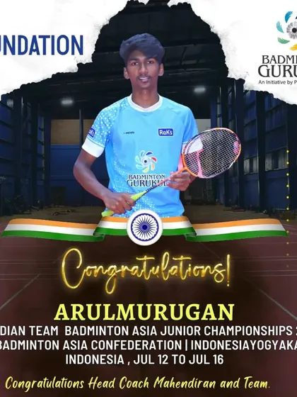 Announcing Arul Murugan's selection for the Indian Team at the Badminton Asia Junior Championships 2023.