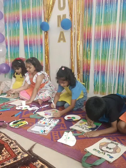 A glimpse into the tote bag painting session at Uma's 6th birthday. I provide all the materials and guidance so kids can sit down and let their creativity flow.