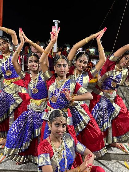 A group of my junior students posing after their Navaratri performance. It's wonderful to see their confidence grow with each stage appearance.