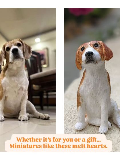 The magic of turning a photo into a 3D sculpture. This beagle miniature was created from a customer's photo, capturing its posture and expression in clay.