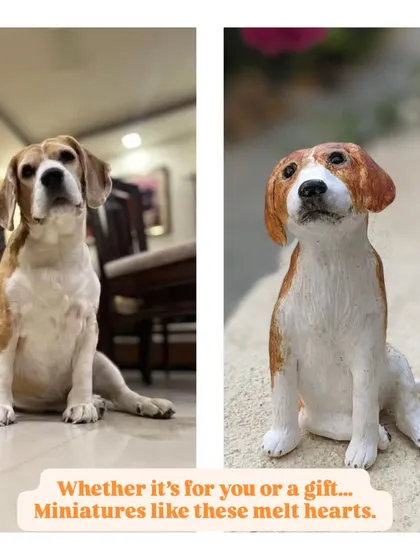 The magic of turning a photo into a 3D sculpture. This beagle miniature was created from a customer's photo, capturing its posture and expression in clay.