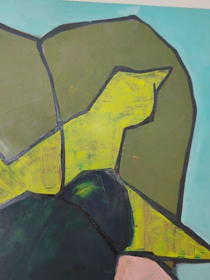 A detail of the abstract shapes in "I am that Horse, Elephant and the Peacock." The colors and forms represent different aspects of nature and the self.