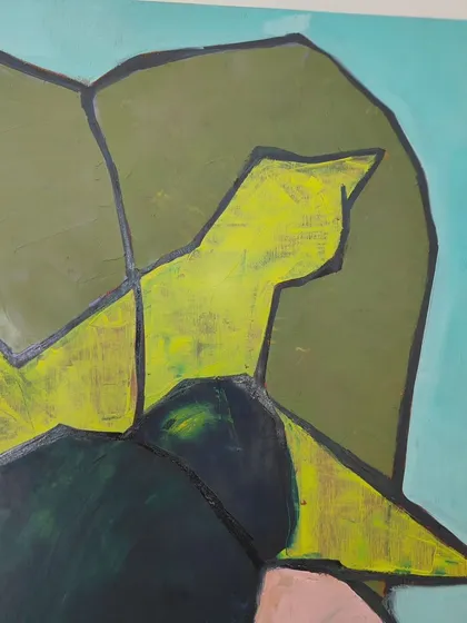 A detail of the abstract shapes in "I am that Horse, Elephant and the Peacock." The colors and forms represent different aspects of nature and the self.