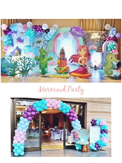 This collage shows a complete mermaid party setup, including the main stage with a large mermaid prop and an entrance balloon arch in beautiful shades of purple, blue, and teal.