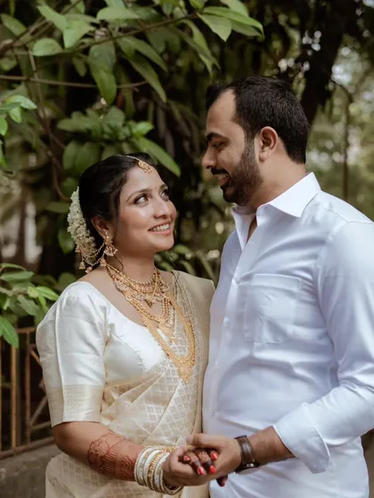 The beginning of forever for this lovely couple, dressed in elegant white and gold for their South Indian wedding. The way she looks at him is a perfect example of the love stories I aim to capture.