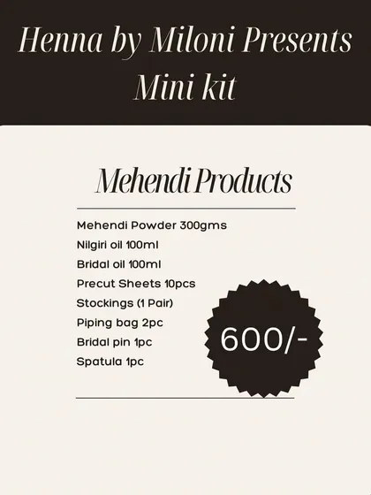 For all the aspiring artists and DIY lovers, here is my Mini Mehendi Kit. It includes everything I use myself: my signature henna powder, oils, cellophane sheets, and all the tools you need to start creating.