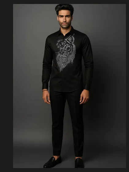 This full-length shot against a dark background emphasizes the shirt's sleek and sophisticated profile, making it ideal for evening events.
