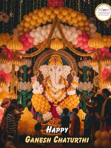 A breathtaking Ganesh Chaturthi pandal decorated entirely with balloons. This image showcases a massive, intricate sculpture of Lord Ganesha, demonstrating our ability to create large-scale, devotional art for major festivals.