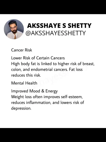 Losing weight improves your health in many ways. High body fat is linked to a higher risk of certain cancers, and fat loss reduces this risk. It also improves mood and energy, boosting mental health.