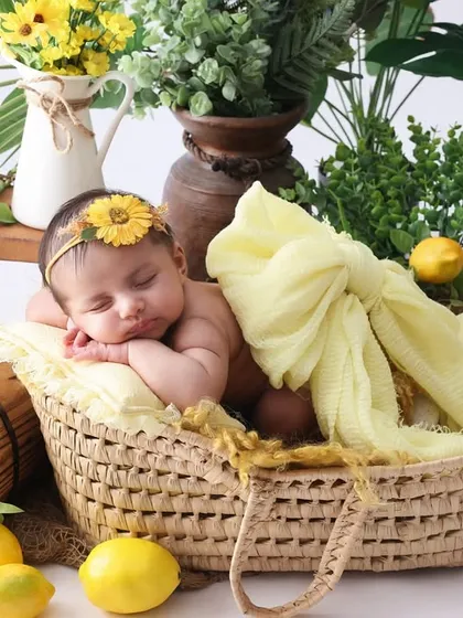 Sweet dreams in a lemon garden. For this creative newborn setup, I used a basket, soft fabrics, and a lemon and floral theme to create a vibrant and imaginative scene. It shows how we can design a shoot around a fun concept.