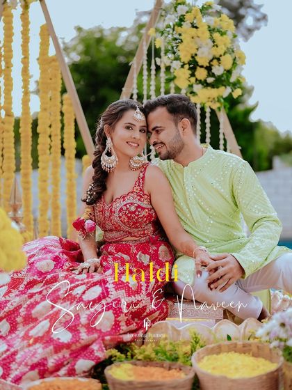 The official Haldi portrait. Sayeri and her partner look so happy and in love, ready to begin their new journey together.