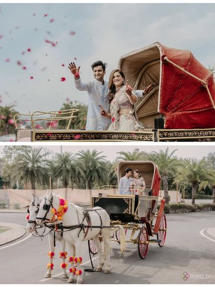 A fairytale exit in a horse-drawn carriage at the ITC Grand Bharat. This shot captures the joy and celebration of the couple, creating a truly cinematic and memorable moment.