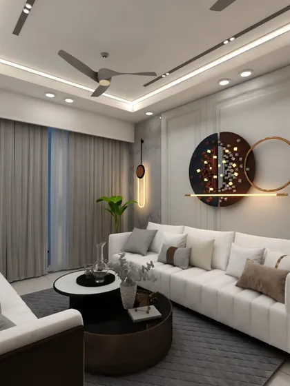 A contemporary living room where comfort is key. The plush L-shaped sofa, modern art piece, and layered lighting create a space that is both stylish and incredibly inviting.