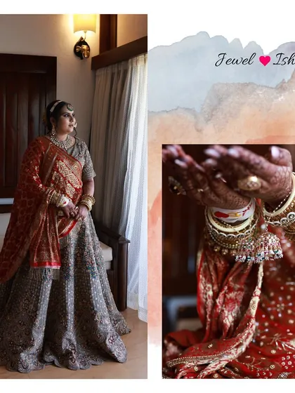 A full view of the bride in a heavily embroidered lehenga, her look completed with a custom mathapatti and stacked kadas.