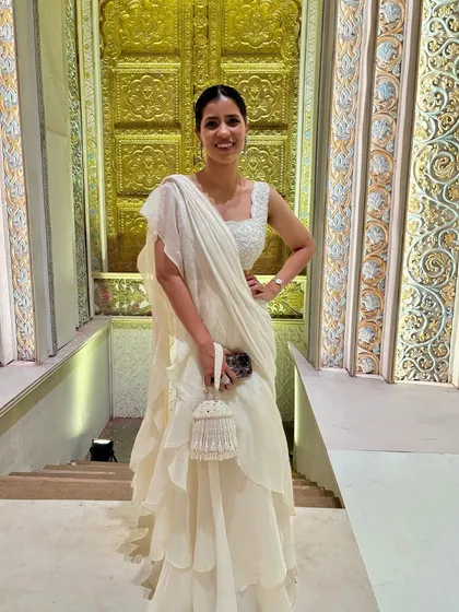 My final look for the Ambani wedding. The all-white ruffled saree was elegant, chic, and stood out in a sea of color.