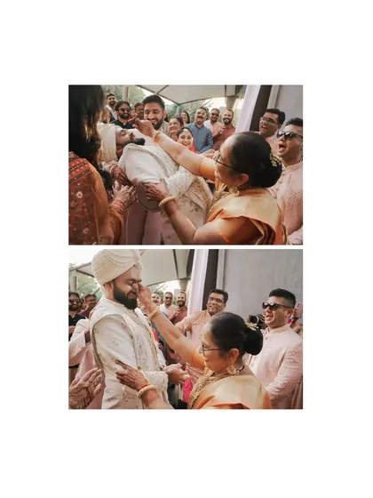A collage of the traditional welcome ritual for the groom, where the bride's mother playfully pulls his nose.