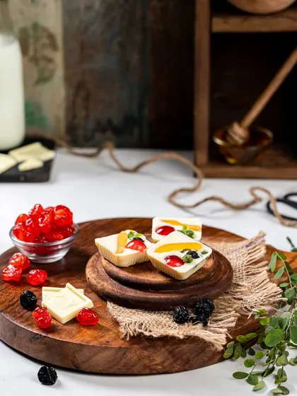 This image showcases white chocolates with dried fruits and berries. The bright colors of the cherries and the clean white chocolate create a visually appetizing photo that communicates a sweet and fruity flavor.
