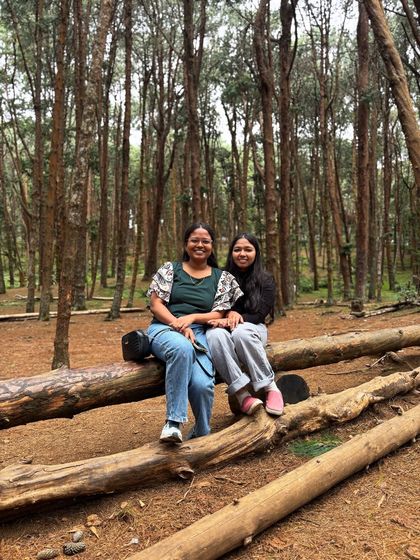 Two friends sitting on a log in the Kodaikanal pine forest.