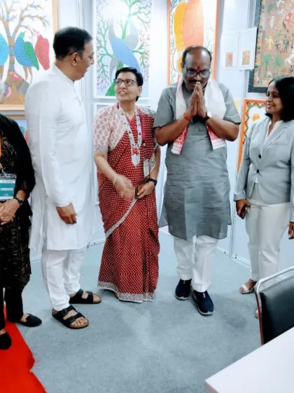 Our student, Harinder ma'am, receiving visitors at her booth during The Haat of Art exhibition. It was a wonderful experience for her to get appreciation for her work.