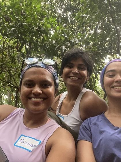 Smiles all around. Three participants take a selfie during a break at our 42nd Intro Workshop. These events are as much about making new friends as they are about learning to climb.