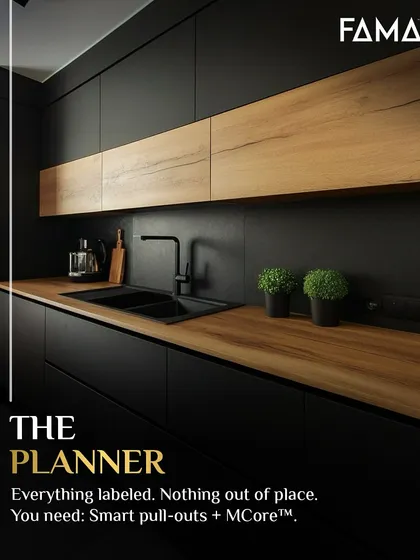 For "The Planner" who loves when everything is labeled and in its place, I design kitchens with smart pull-outs and our durable M-Core™ material. This matte black kitchen with wood accents features deep drawers and organized compartments to keep everything in order.