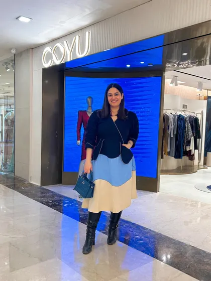 This colorblocked dress from Our Love Label is adorable. I love the tiered shades of blue and the cute pockets. A perfect piece for a fall winter collection launch.