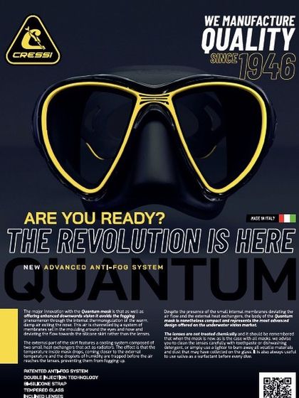 This is the Cressi Quantum mask, featuring an advanced anti-fog system. Its design helps channel moisture away from the lenses, giving you a clearer view throughout your dive.