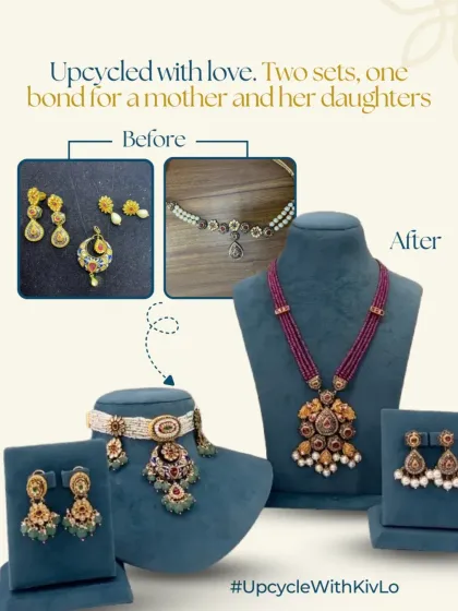 Upcycled with love for a mother and her daughters. We took two old sets and created two distinct new sets, a choker and a long pendant necklace, keeping their individual styles and tastes in mind.