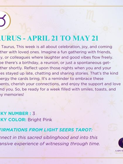 A weekly tarot prediction for Taurus. This week is all about celebration, joy, and coming together with loved ones. It's a reminder to embrace these moments, cherish your connections, and enjoy the support and love around you.