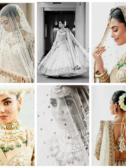 A collage of bridal portraits, mixing black and white with color. It showcases the elegance of the veil, the intricate details of the lehenga, and the emotional depth of the bride.