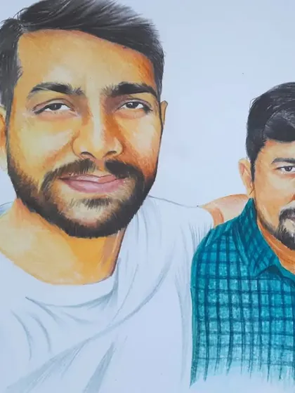 "Life was meant for best friends." This A3 color portrait was a 16-hour commission to celebrate friendship, capturing a happy moment between two friends.