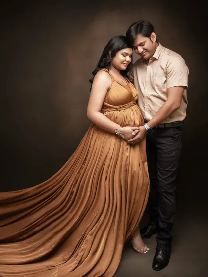 A portrait of serene elegance. The flowing golden gown and the soft, painterly background create a warm and romantic mood. Their gentle embrace captures the deep love and excitement they share.