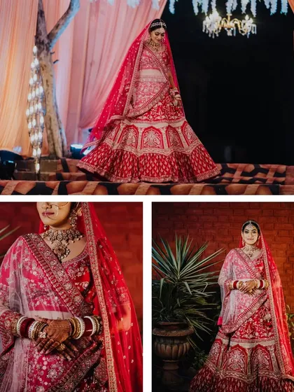 A collage of the bride, Jyotsna, in her magnificent red wedding lehenga, showcasing her from different angles.
