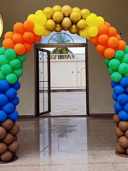 A colorful balloon arch for a Chhota Bheem-themed party, welcoming guests to the celebration.