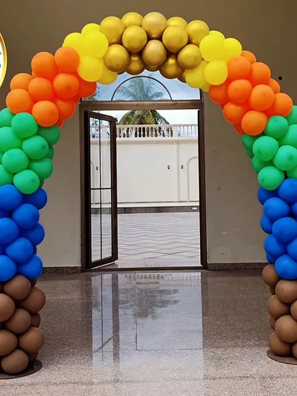 A colorful balloon arch for a Chhota Bheem-themed party, welcoming guests to the celebration.