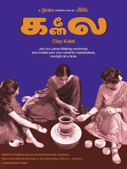 Our Clay Kalai workshop is an invitation to create your own light. This poster captures the traditional and artistic spirit of our sessions in Chennai.