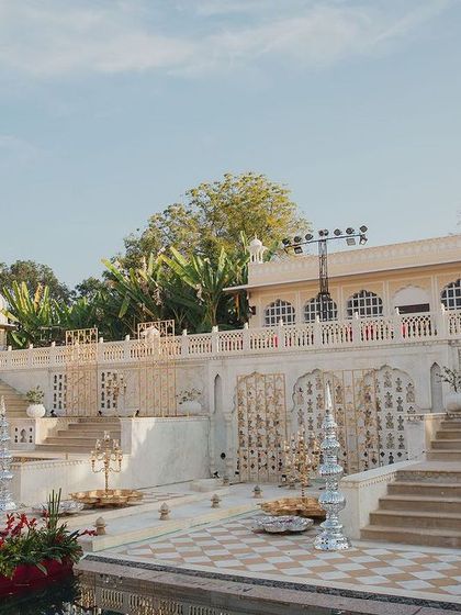 The Hathi Kund venue before the evening ceremony began. Even in daylight, the pristine white architecture and tiered structure provide a stunning canvas for a grand celebration.