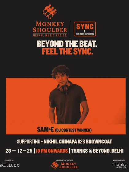 A poster celebrating the DJ contest winner, SAM-E, who gets to play at the SYNC event.