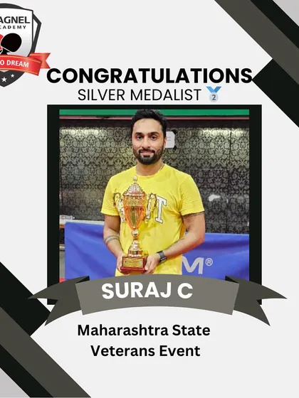 A graphic celebrating our veteran player Suraj C. on winning the silver medal at the Maharashtra State Veterans Event.